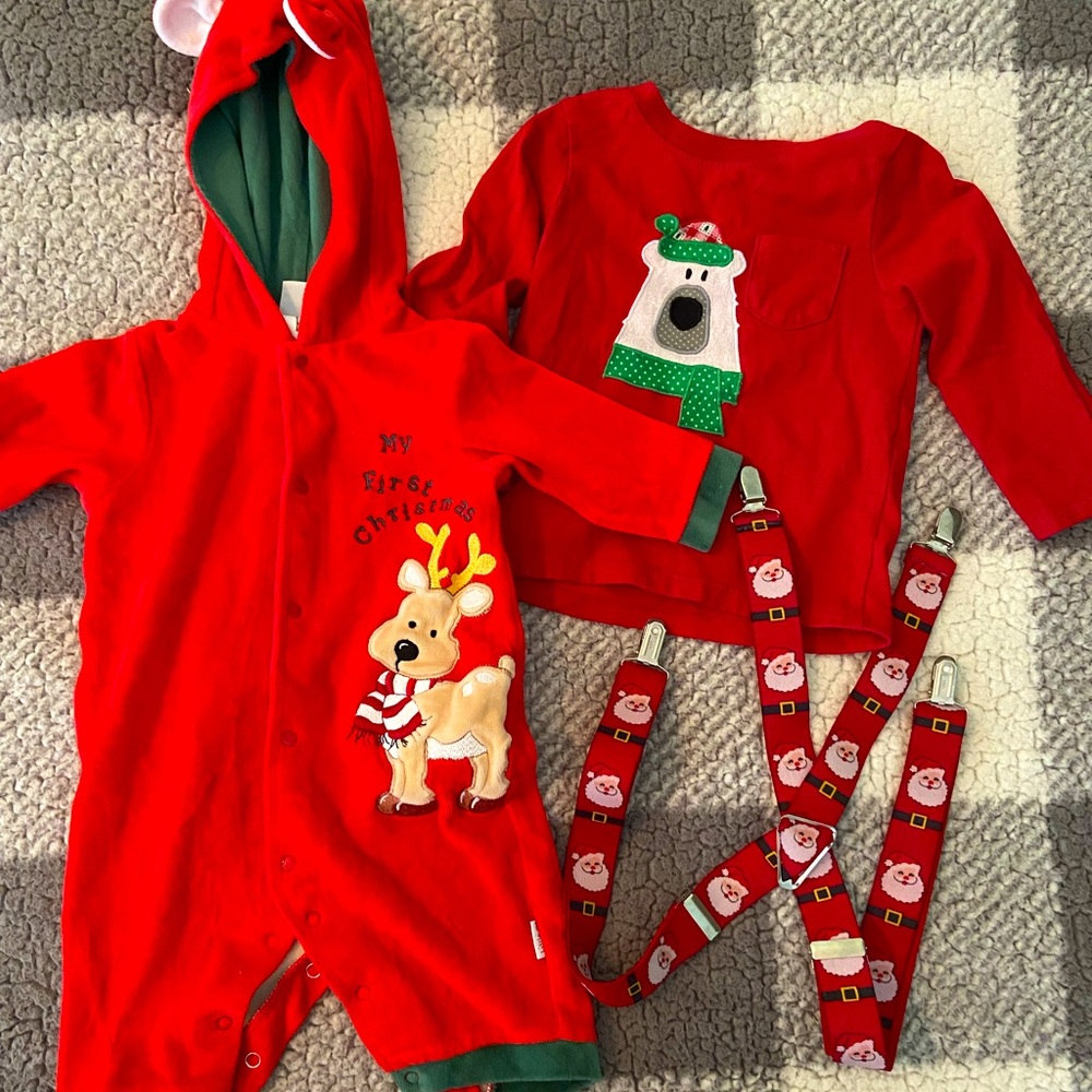 Baby Christmas bundle- suspenders, shirt, onesie